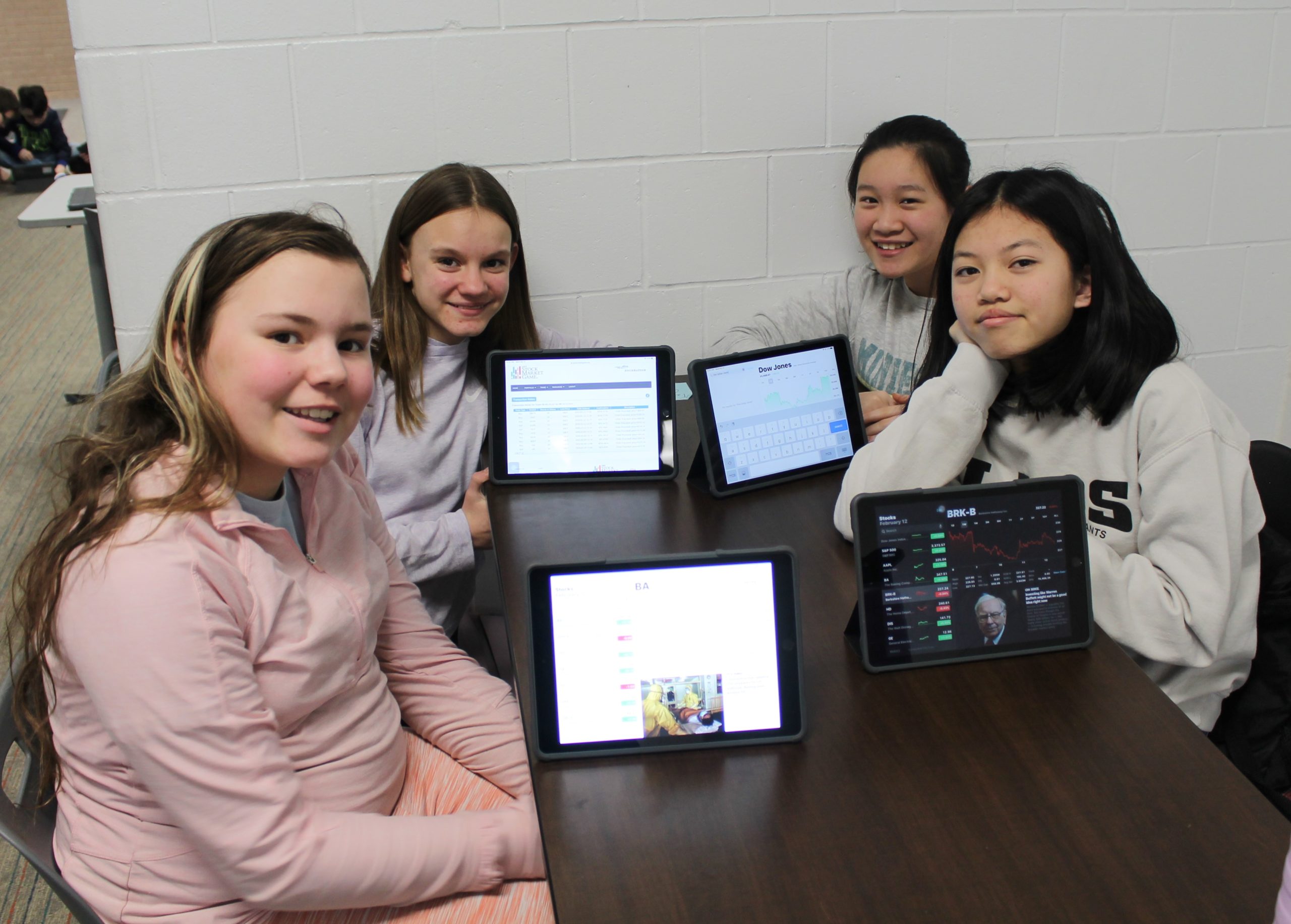 girl students using ipads, stock market game